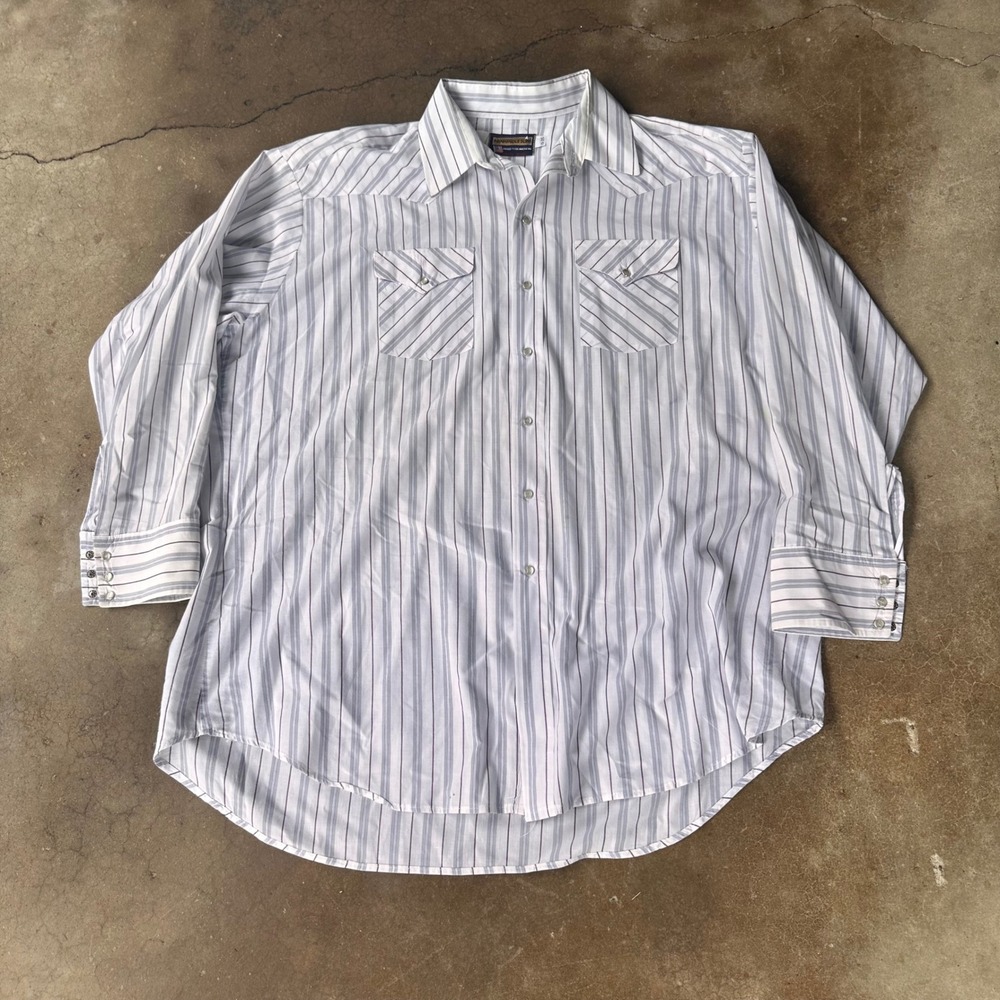 Panhandle Slim Western Shirt Mens 19-35 White Striped Good Pearl Snap Vintage
